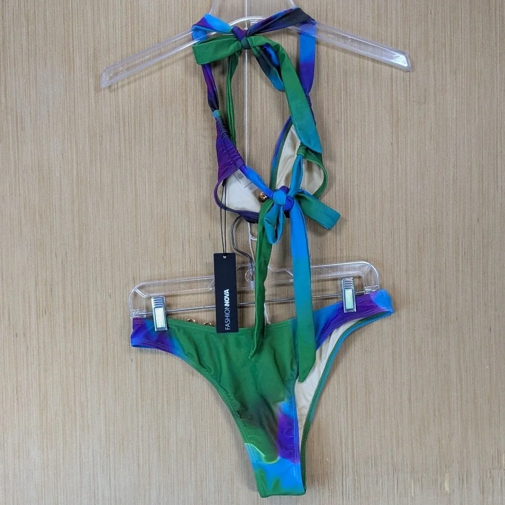 Fashion Nova Swim Watercolor Tie Dye O-Ring Rhinestone Bikini Set Size M NWT